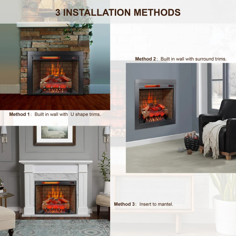 28" Infrared Electric Fireplace Insert with Touch Panel, Smokeless Firebox Heater with Trim Kit, Adjustable Brightness, Antique Black