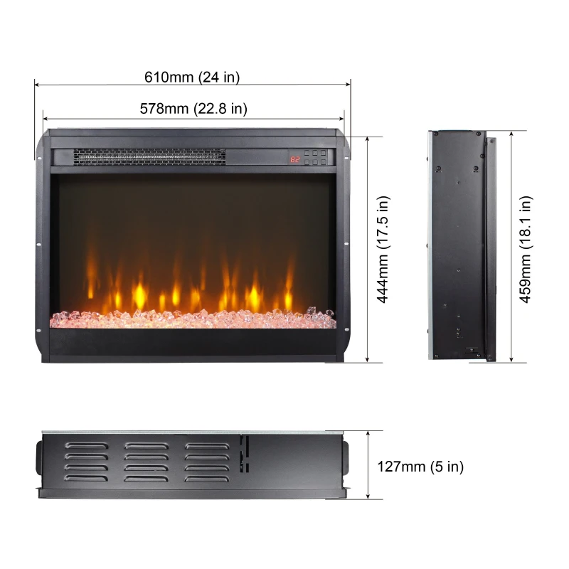 23" Remote Control Electric Fireplace Insert with Overheating Protection, Ultra-Thin Heater with Realistic Flame and Sidelight, Antique Black