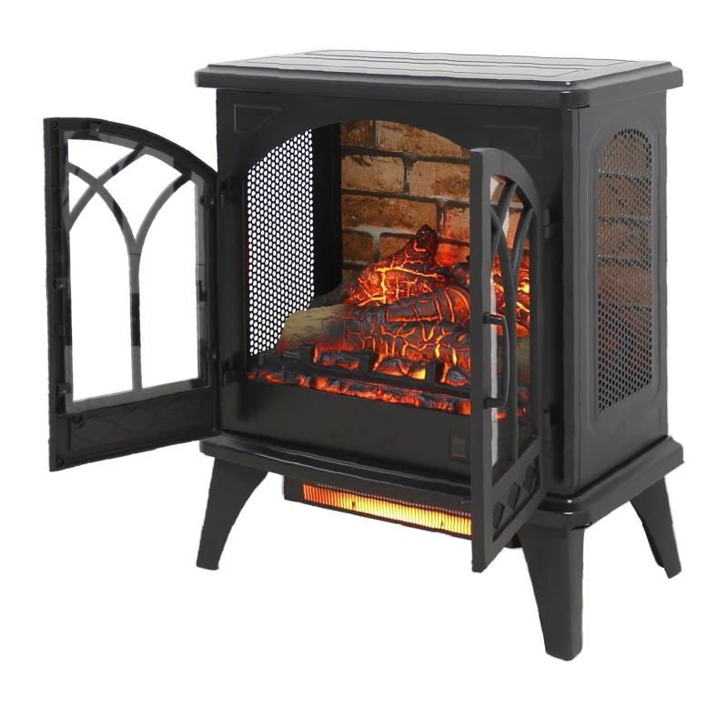 24" Free-Standing Design Electric Infrared Quartz Fireplace Stove with 11 Temperature Settings, 3D Flames, and Remote Control, Antique Black