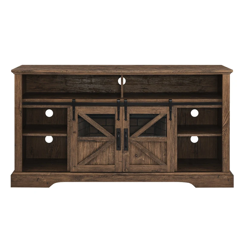 60" Electric Fireplace Entertainment Center with Door Sensor, Adjustable Flame Brightness, Remote Control, 60" L x 16" W x 32" H, Brown