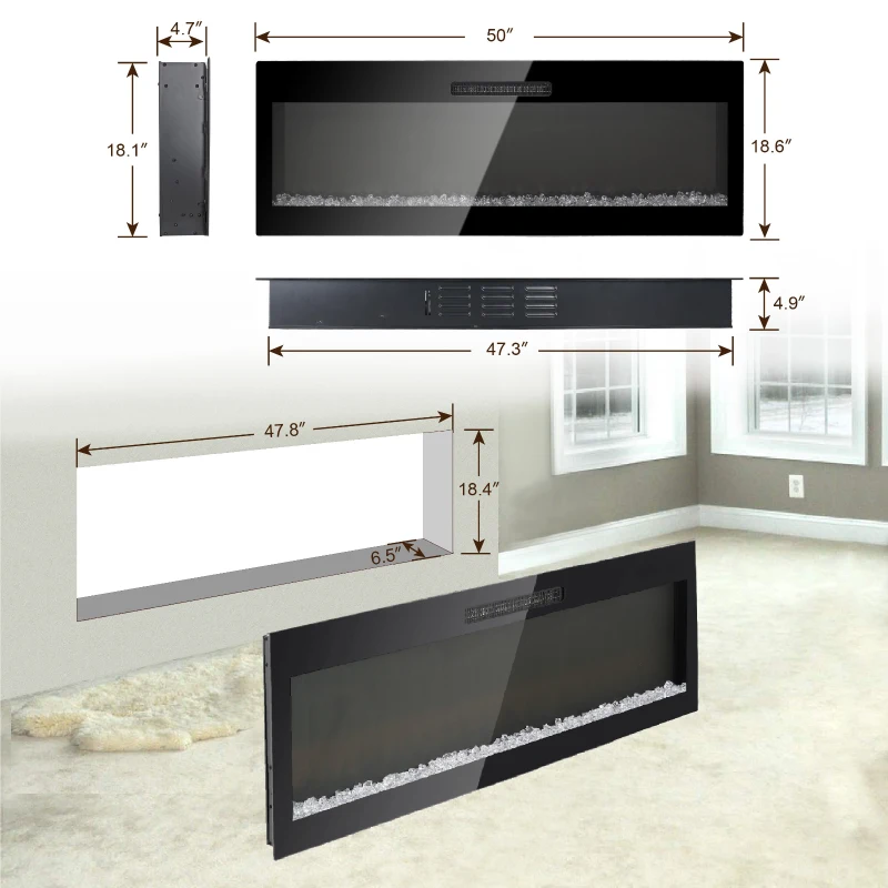 50" Recessed/Wall Mounted Electric Fireplace with 3D Realistic Flame Effect, and Remote Control, 1400W Heat, 5000 BTU, Antique Black