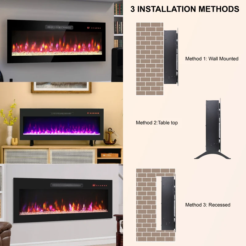 42" Remote Wall Mounted Electric Fireplace with Ultra Thin Tempered Glass Front, Multi-Color Flame, and LED Light Heater, Antique Black
