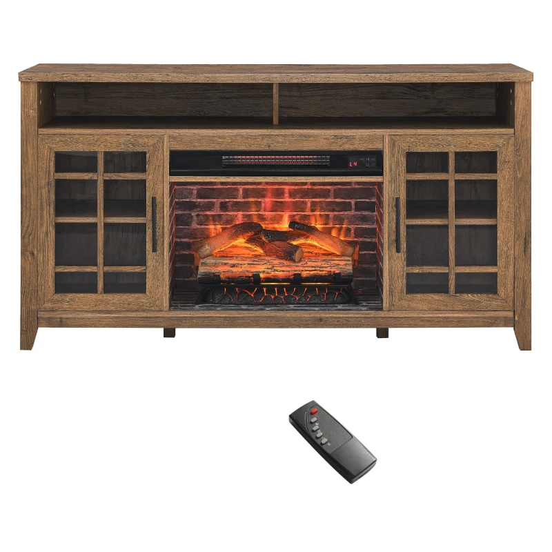 55" TV Media Stand with Remote Control Electric Fireplace, Adjustable Shelves, and Cable Management, Reclaimed Barnwood
