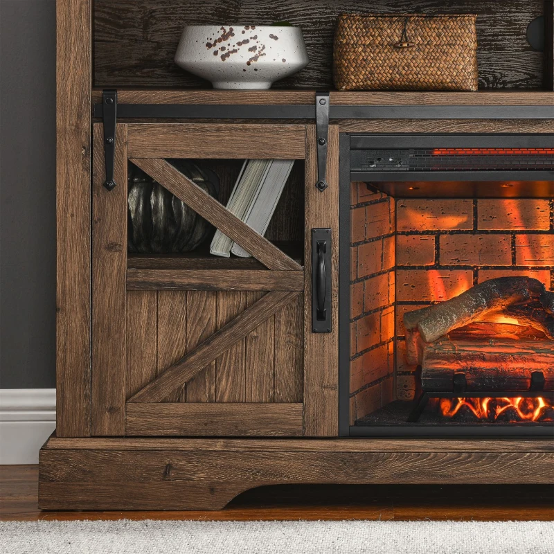 60" Electric Fireplace Entertainment Center with Door Sensor, Adjustable Flame Brightness, Remote Control, 60" L x 16" W x 32" H, Brown