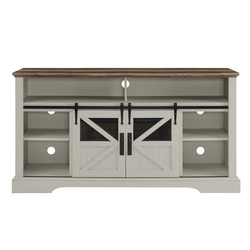 60" Electric Fireplace Entertainment Center with Door Sensor, Adjustable Flame Brightness, Remote Control, 60" L x 16" W x 32" H, White