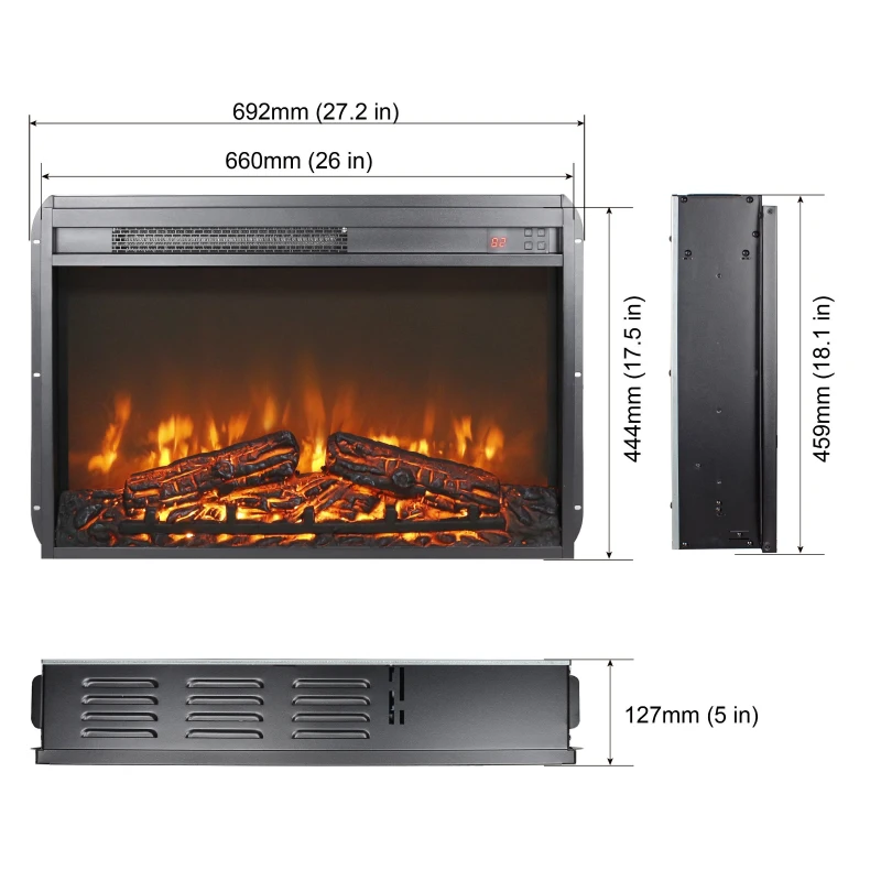 26" Overheating Protection Electric Fireplace Insert with Remote Control and Timer, Ultra-Thin Heater with Realistic Flame, Antique Black