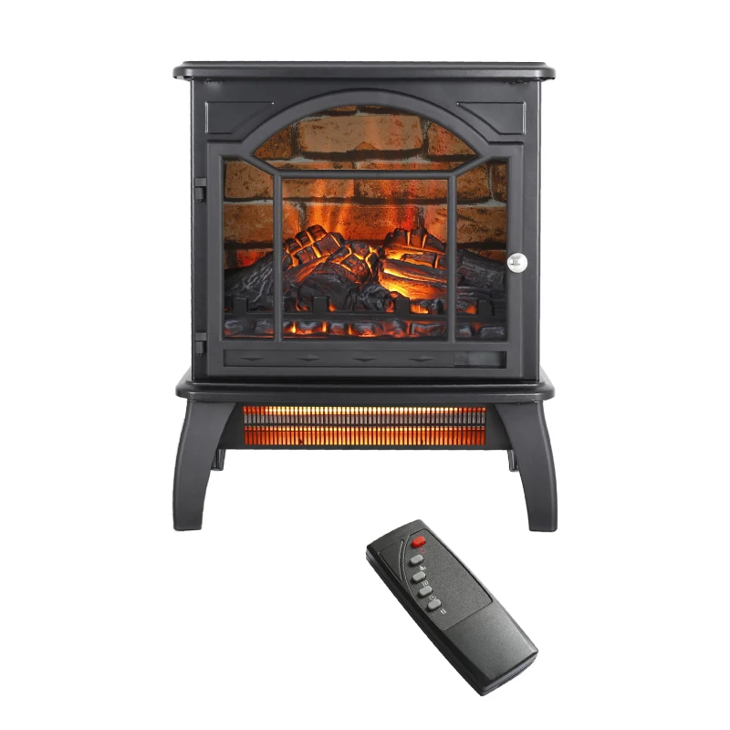 18" 3D Flame Electric Infrared Quartz Fireplace Stove with Remote Control, Overheat Protection, Free-Standing Design, Antique Black