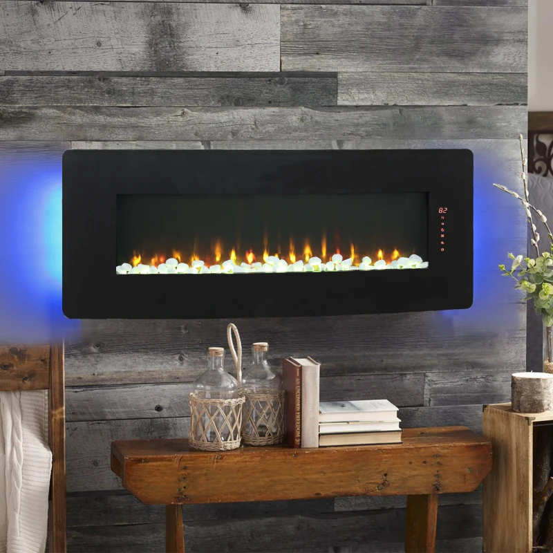48" Remote Curved Wall Mounted Electric Fireplace with Multi-Color Flame, Ember Bed, and Adjustable Backlight, Antique Black