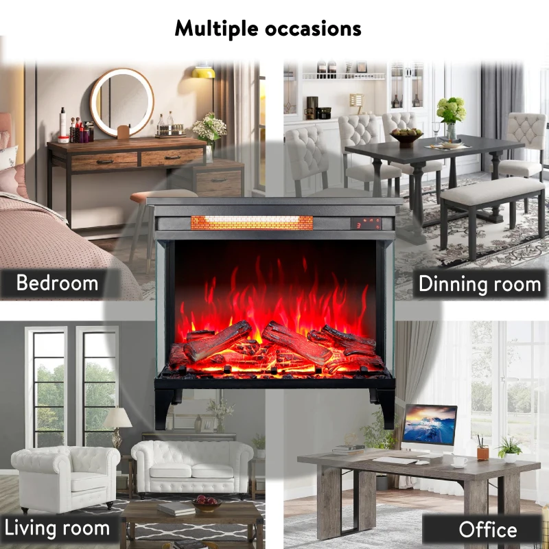 24" Freestanding Design 3-Sided Glass Electric Fireplace with Remote Control, Adjustable Flame Effects, and Easy Installation, Antique Black