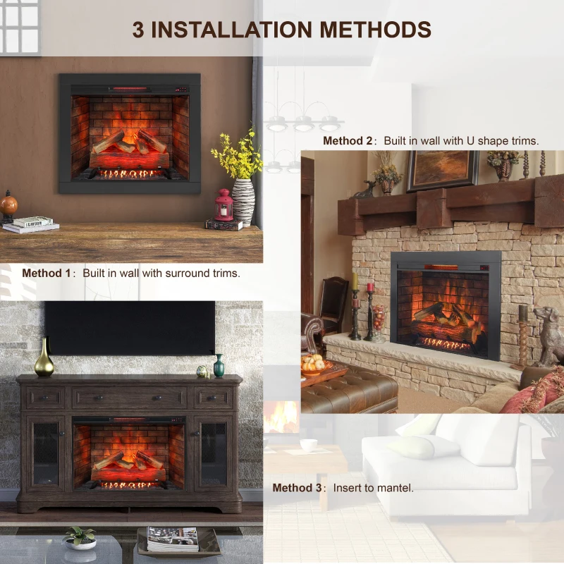 33" Realistic Flame Infrared Electric Fireplace Insert with Touch Panel Heater and Trim Kit, Adjustable Brightness, 1500W Heat, Antique Black