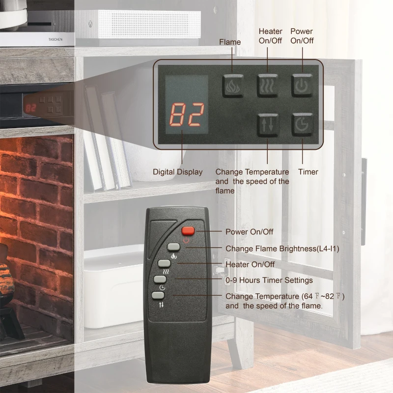 55" TV Media Stand with Electric Fireplace, Entertainment Center with Adjustable Shelves, Cable Management, Gray Wash