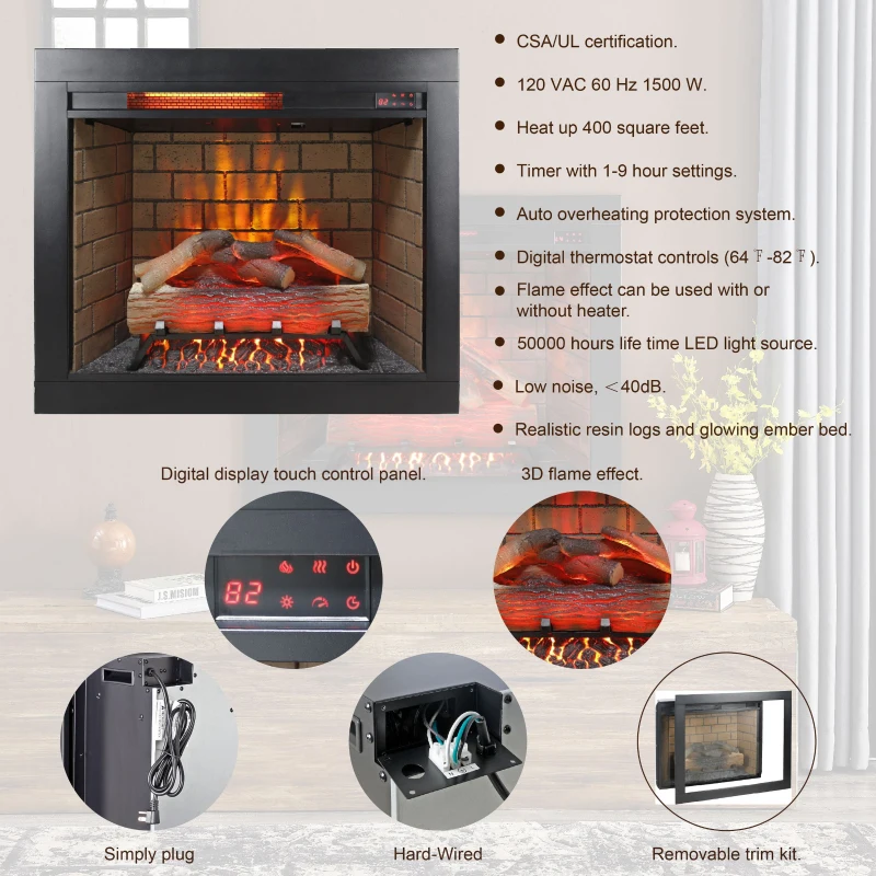 28" Infrared Electric Fireplace Insert with Touch Panel, Smokeless Firebox Heater with Trim Kit, Adjustable Brightness, Antique Black