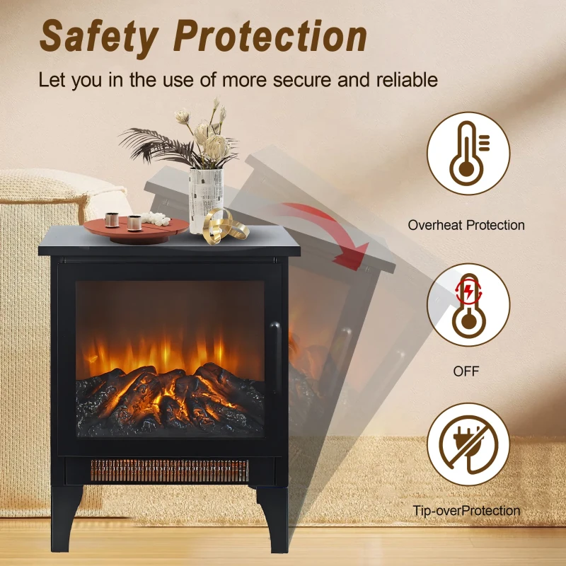 15" Freestanding Electric Fireplace Stove Heater with 3D Flame Effect, and Two-Speed Temperature Control, CSA/UL Certified, Antique Black