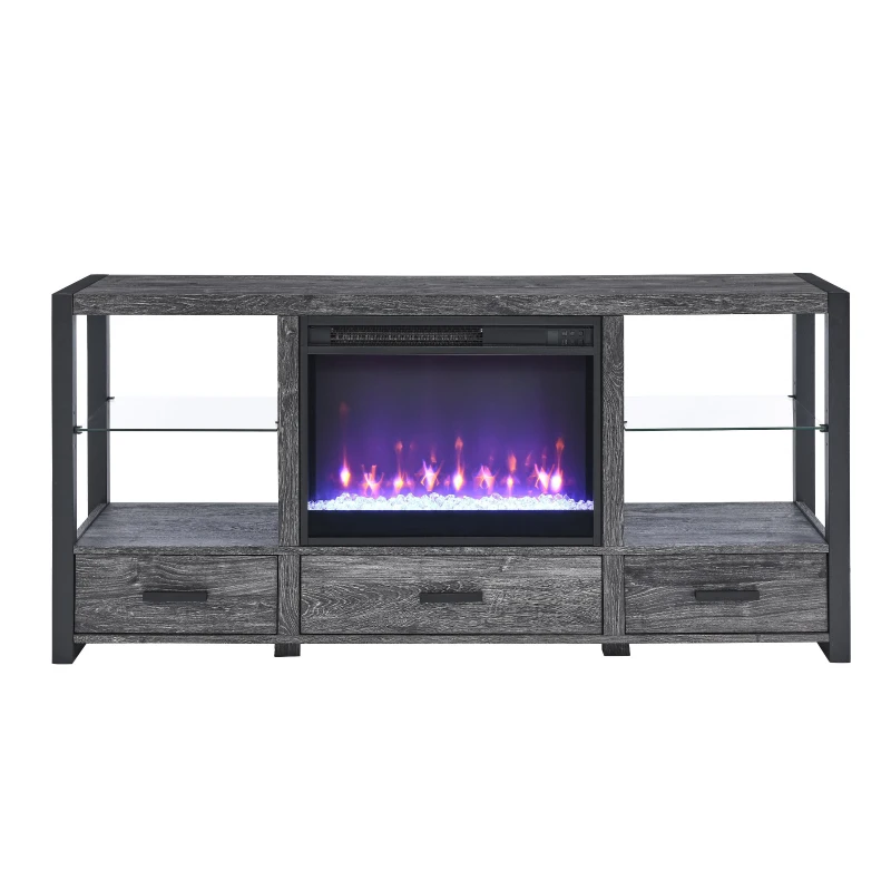 60" Electric Fireplace Media TV Stand Fits TVs Up to 70" with Sync LED Lights, Adjustable Flame Settings, and Multiple Storage Spaces, Dark Oak
