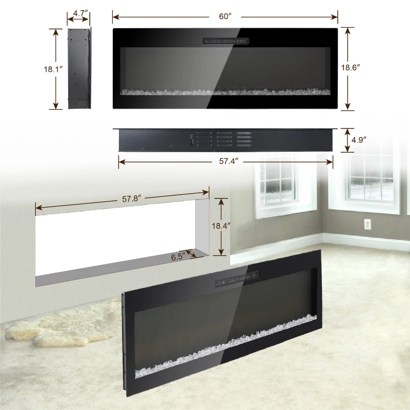 60" Recessed/Wall Mounted Electric Fireplace with 3D Realistic Flame Effect, and Remote Control, 1400W Heat, 5000 BTU, Antique Black