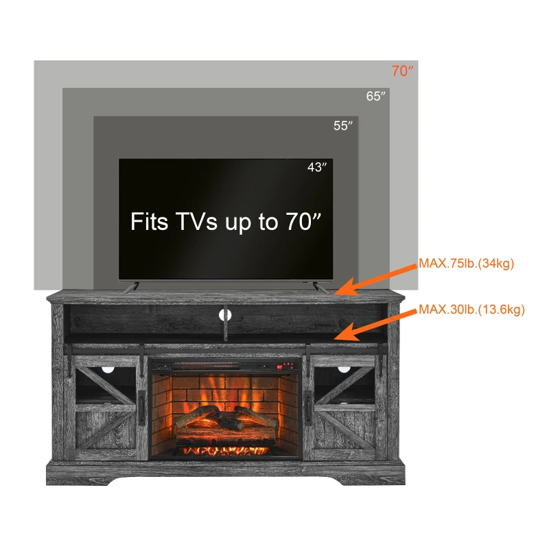60" Electric Fireplace Entertainment Center with Door Sensor, Adjustable Shelves, Remote Control, 60" L x 16" W x 32" H, Dark Oak