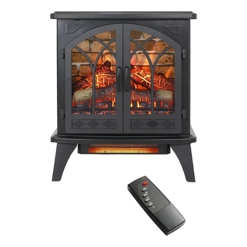 24" Free-Standing Design Electric Infrared Quartz Fireplace Stove with 11 Temperature Settings, 3D Flames, and Remote Control, Antique Black