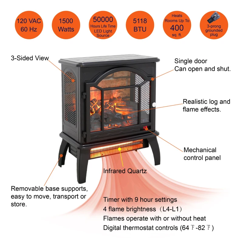 18" 3D Flame Electric Infrared Quartz Fireplace Stove with Remote Control, Overheat Protection, Free-Standing Design, Antique Black
