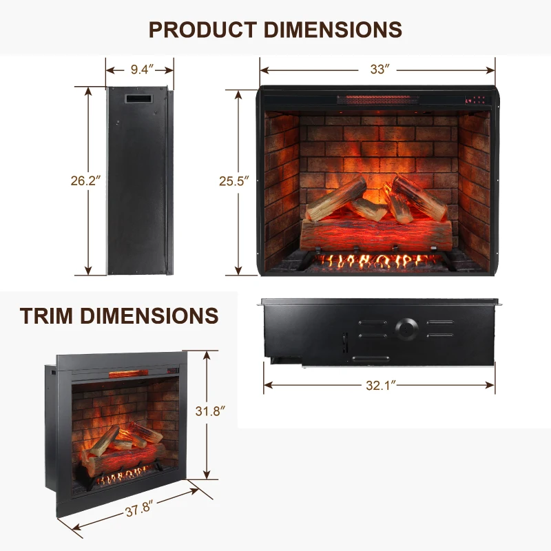 33" Realistic Flame Infrared Electric Fireplace Insert with Touch Panel Heater and Trim Kit, Adjustable Brightness, 1500W Heat, Antique Black