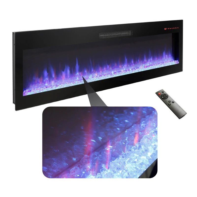 60" Recessed/Wall Mounted Electric Fireplace with 3D Realistic Flame Effect, and Remote Control, 1400W Heat, 5000 BTU, Antique Black