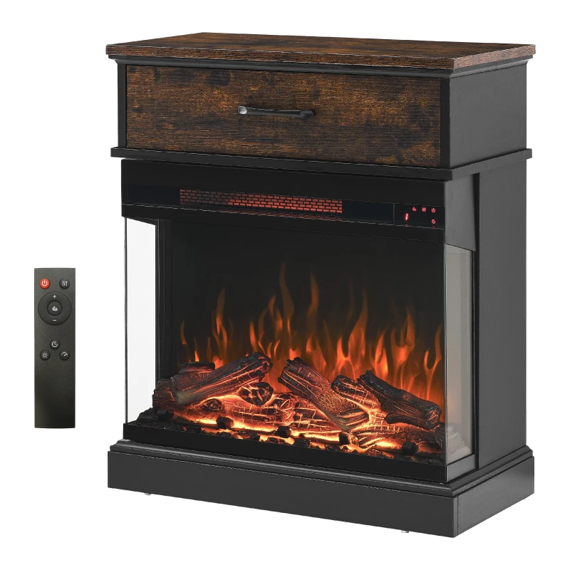 25" Stand Side Table with 3-Sided Glass Electric Fireplace and 11 Temperature Settings, Adjustable Flame Colors and Brightness, Antique Black