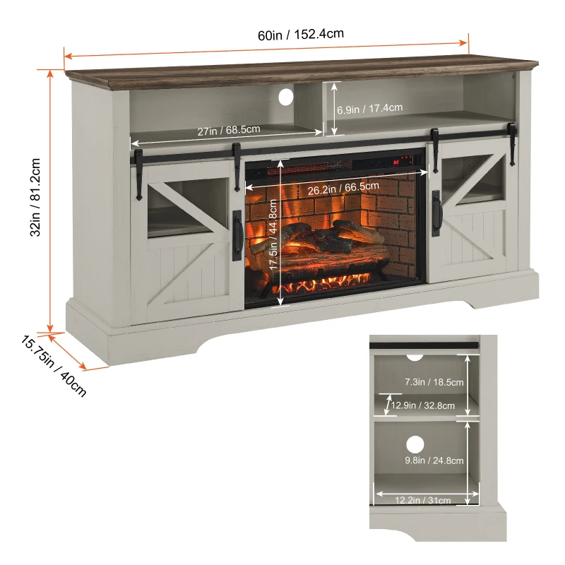 60" Electric Fireplace Entertainment Center with Door Sensor, Adjustable Flame Brightness, Remote Control, 60" L x 16" W x 32" H, White