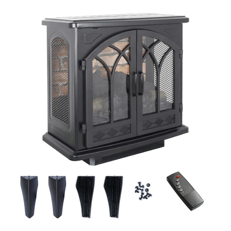 24" Free-Standing Design Electric Infrared Quartz Fireplace Stove with 11 Temperature Settings, 3D Flames, and Remote Control, Antique Black