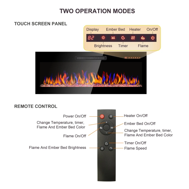 42" Remote Wall Mounted Electric Fireplace with Ultra Thin Tempered Glass Front, Multi-Color Flame, and LED Light Heater, Antique Black