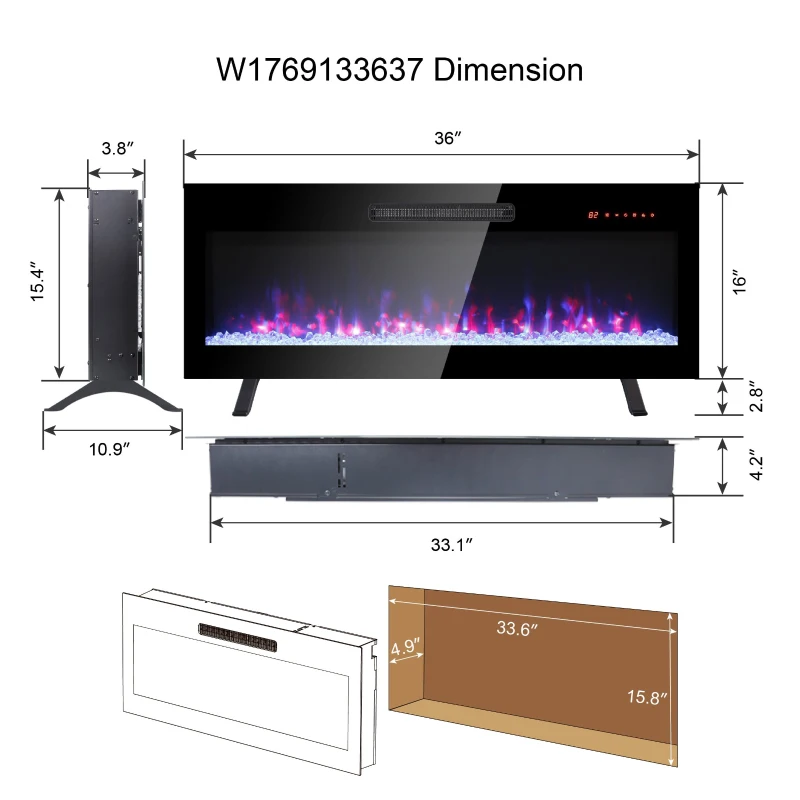 36" Remote Wall Mounted Electric Fireplace with Ultra Thin Tempered Glass Front, Multi-Color Flame, and LED Light Heater, Antique Black