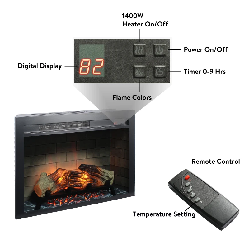 28" Electric Fireplace Insert with Multicolored Flames, Adjustable Brightness, and Remote Control, Antique Black