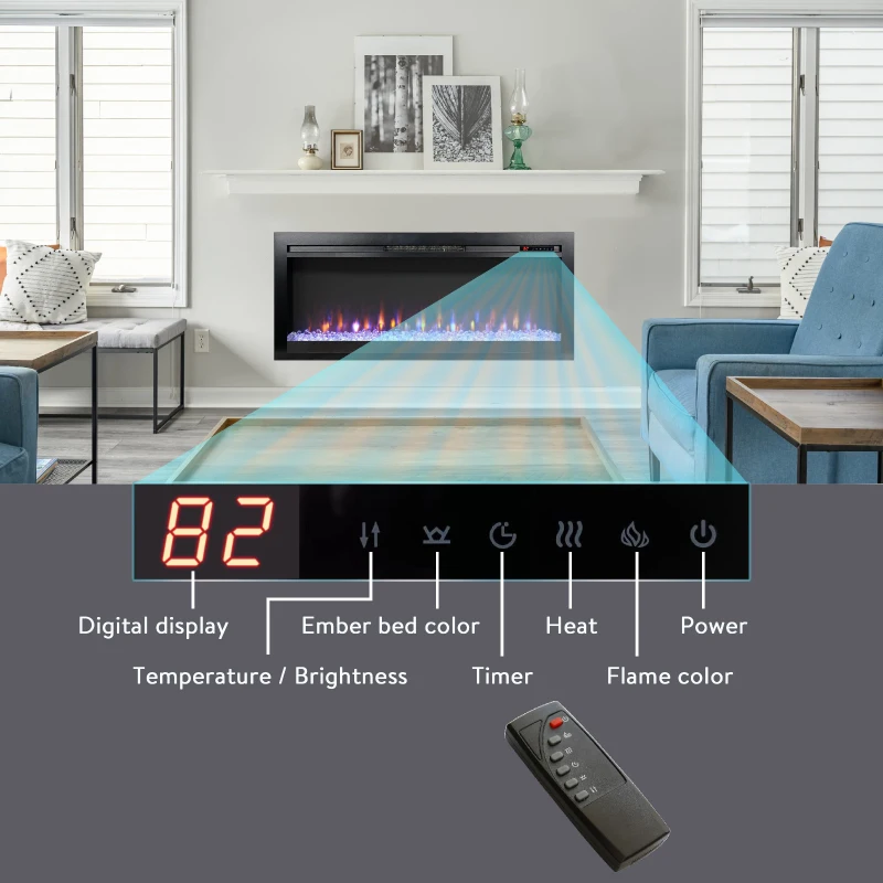 44" Remote In-Wall/Recessed Electric Fireplace with Multi-Color Flame, Ember Bed, and LED Light Heater, CSA/UL Certified, Antique Black