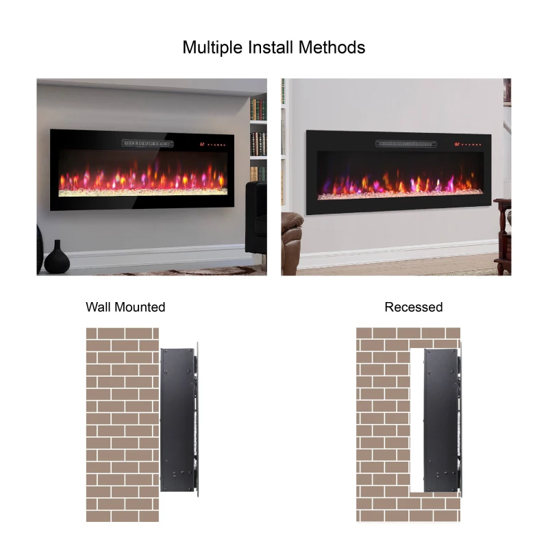 60" Recessed Ultra-Thin Wall Mounted Electric Fireplace with Remote, Multi-Color Flame, Ember Bed, and LED Light Heater, Antique Black