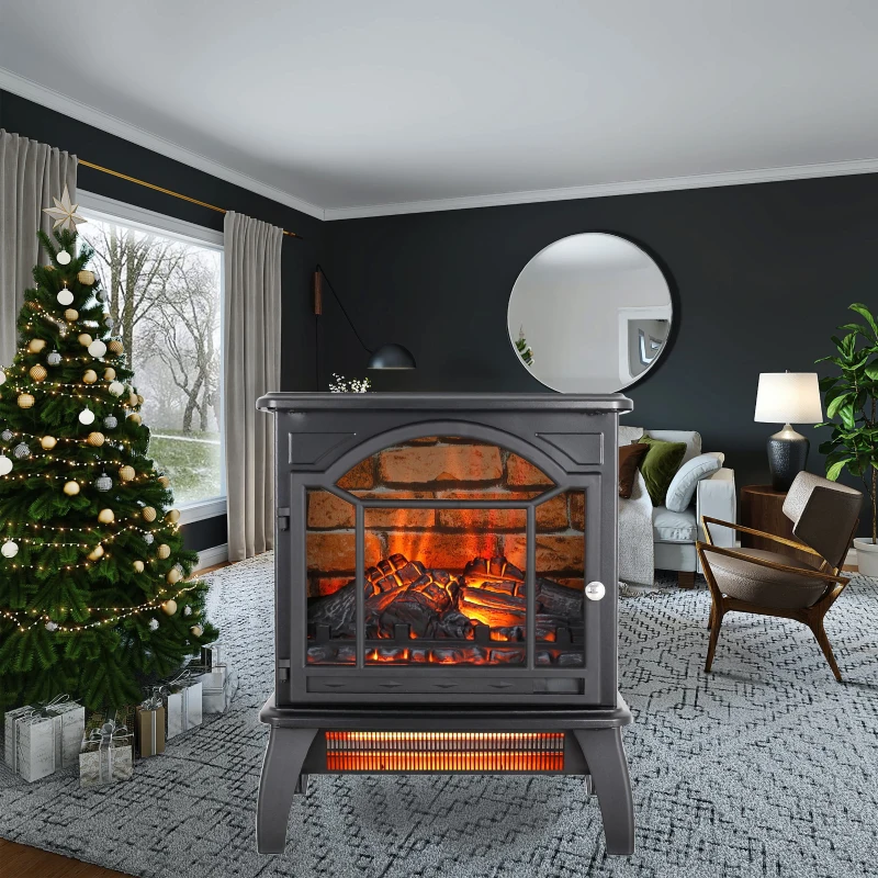 18" 3D Flame Electric Infrared Quartz Fireplace Stove with Remote Control, Overheat Protection, Free-Standing Design, Antique Black