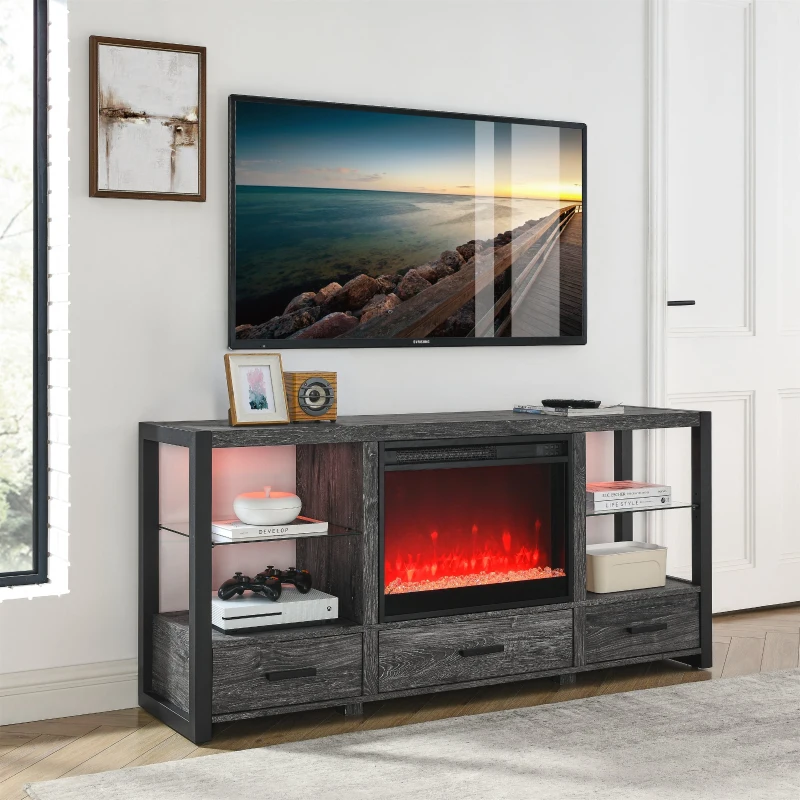 60" Electric Fireplace Media TV Stand Fits TVs Up to 70" with Sync LED Lights, Adjustable Flame Settings, and Multiple Storage Spaces, Dark Oak