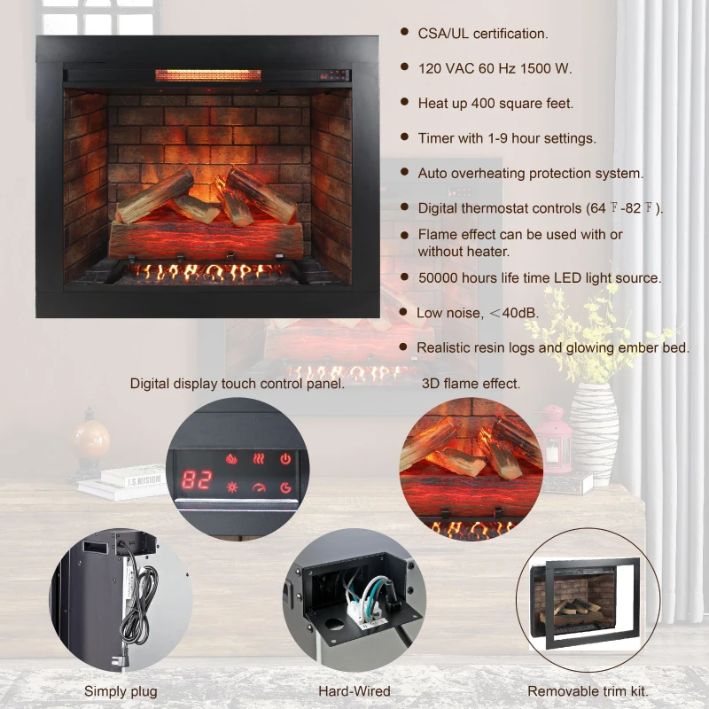 33" Realistic Flame Infrared Electric Fireplace Insert with Touch Panel Heater and Trim Kit, Adjustable Brightness, 1500W Heat, Antique Black