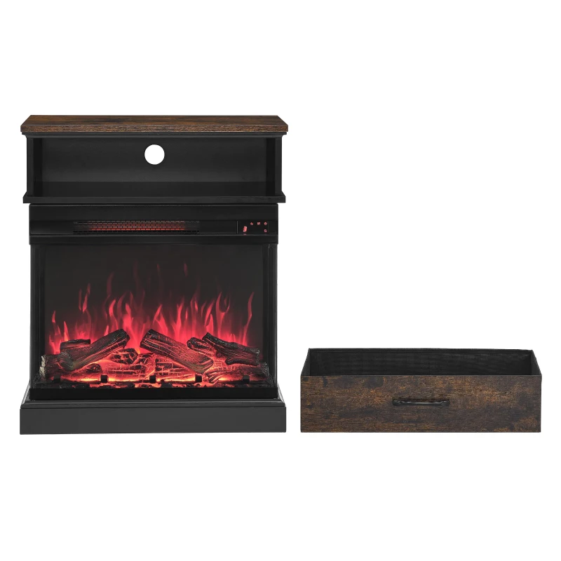 25" Stand Side Table with 3-Sided Glass Electric Fireplace and 11 Temperature Settings, Adjustable Flame Colors and Brightness, Antique Black