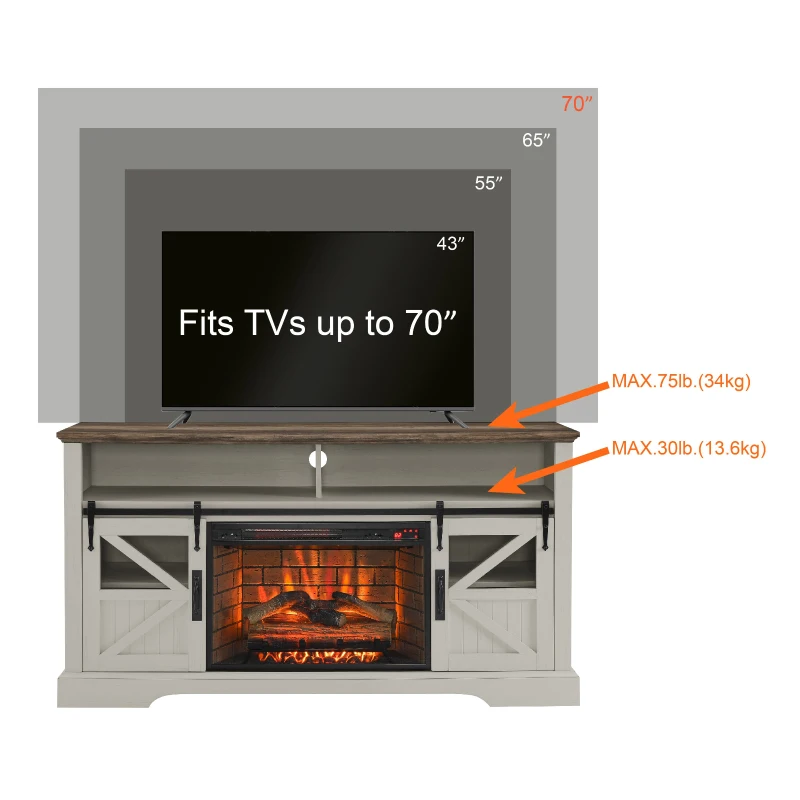 60" Electric Fireplace Entertainment Center with Door Sensor, Adjustable Flame Brightness, Remote Control, 60" L x 16" W x 32" H, White