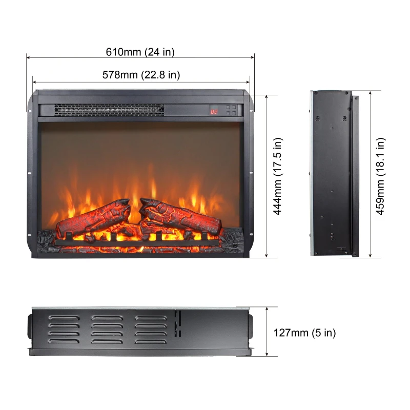 23" Remote Control Electric Fireplace Insert with Timer and Overheating Protection, Ultra Thin Heater with Realistic Flame, Antique Black