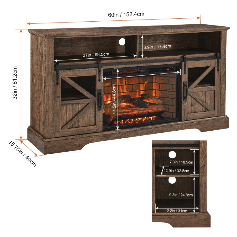 60" Electric Fireplace Entertainment Center with Door Sensor, Adjustable Flame Brightness, Remote Control, 60" L x 16" W x 32" H, Brown