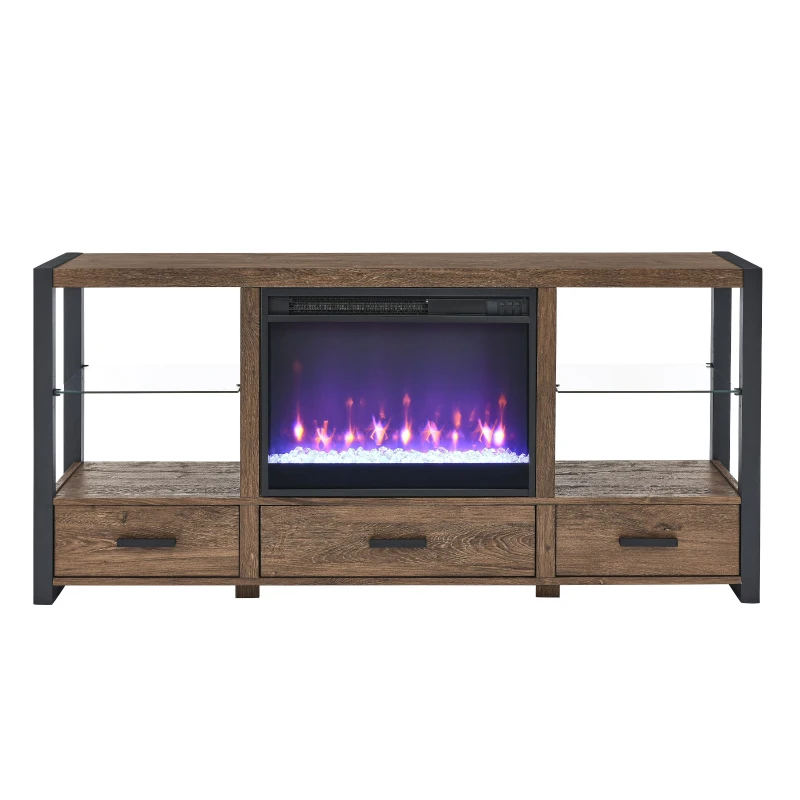 60" Electric Fireplace Media TV Stand Fits TVs up to 70" with Sync LED Lights, Flame Settings, and Storage Space, Reclaimed Barnwood