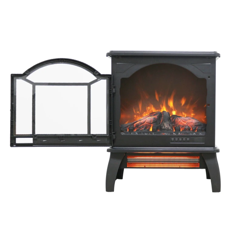 18" 3D Flame Electric Infrared Quartz Fireplace Stove with Adjustable Thermostat, Remote Control, and Safety Features, Antique Black