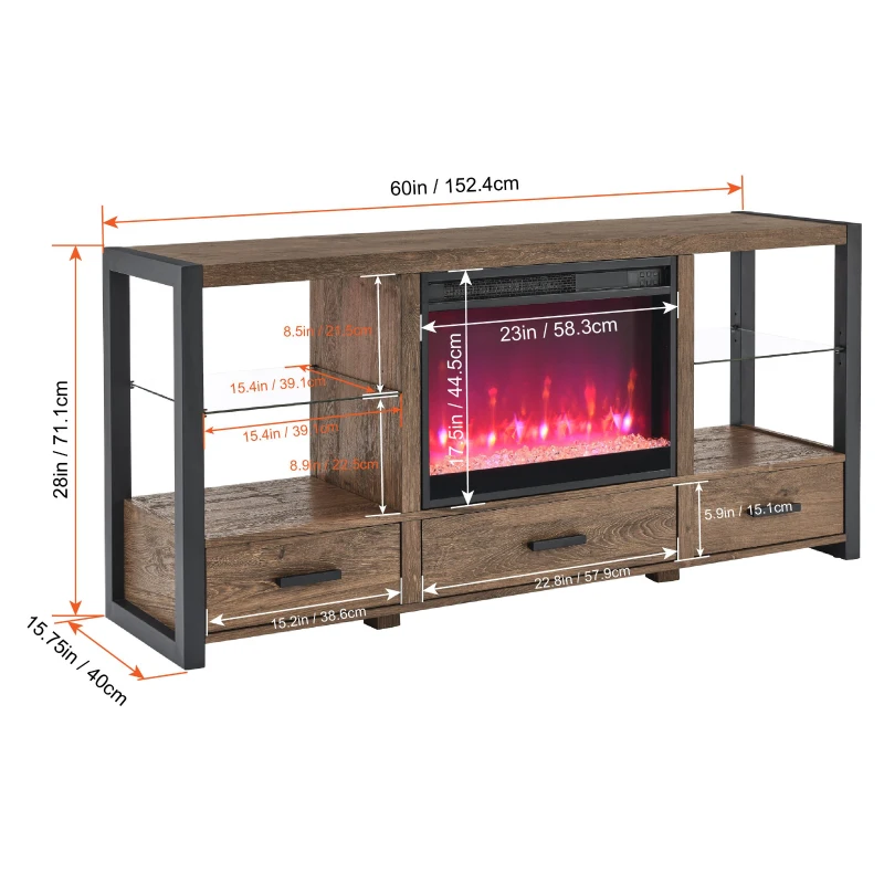60" Electric Fireplace Media TV Stand Fits TVs up to 70" with Sync LED Lights, Flame Settings, and Storage Space, Reclaimed Barnwood
