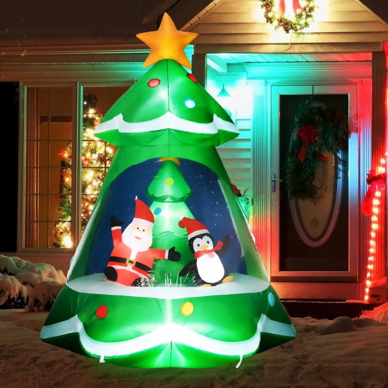 HOMCOM 7FT Inflatable Christmas Tree Decorations with Santa Claus and Penguin, Blow-Up Outdoor LED Christmas Decor