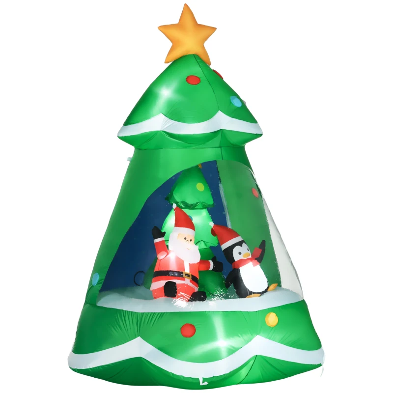 HOMCOM 7FT Inflatable Christmas Tree Decorations with Santa Claus and Penguin, Blow-Up Outdoor LED Christmas Decor
