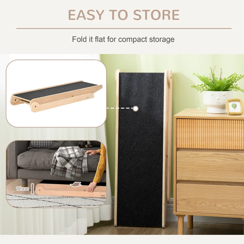 PawHut Dog Ramp for Bed Couch, Foldable Pet Ramp Height Adjustable 4 Levels from 14.75" to 24.5" for Cats and Small Dogs with Non-Slip Carpeted Surface, Natural