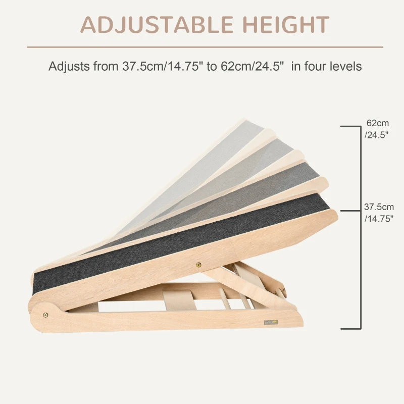 PawHut Dog Ramp for Bed Couch, Foldable Pet Ramp Height Adjustable 4 Levels from 14.75" to 24.5" for Cats and Small Dogs with Non-Slip Carpeted Surface, Natural