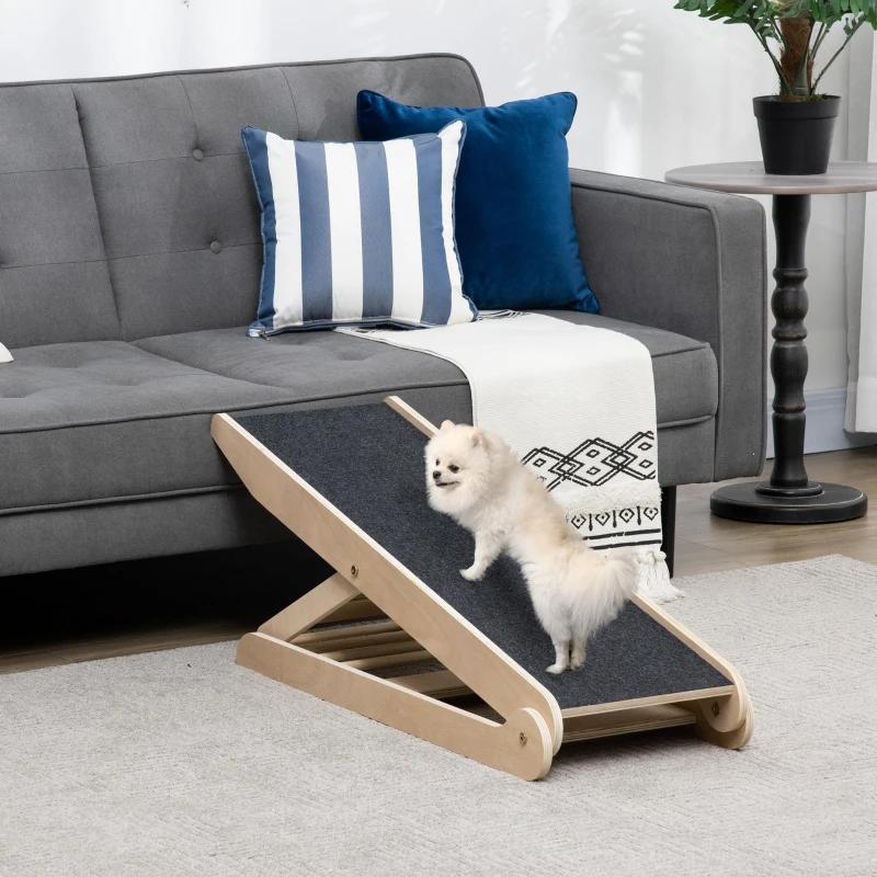PawHut Dog Ramp for Bed Couch, Foldable Pet Ramp Height Adjustable 4 Levels from 14.75" to 24.5" for Cats and Small Dogs with Non-Slip Carpeted Surface, Natural