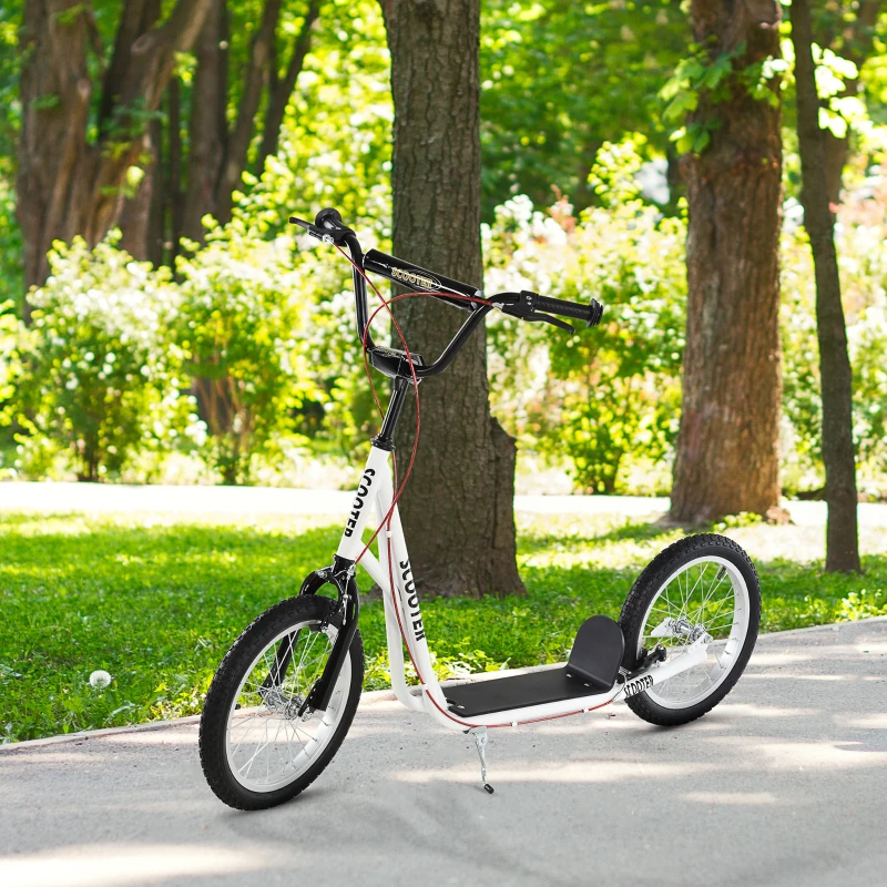 Aosom Youth Scooter Kick Scooter for Kids 5+ with Adjustable Handlebar Front and Rear Dual Brakes Inflatable Wheels, White