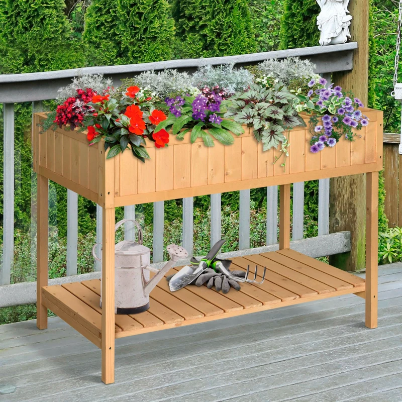 Outsunny 43x18x30in Raised Garden Bed with 8 Pockets and Shelf, Wooden Elevated Planter Box with Legs to Grow Herbs, Vegetables, and Flowers, Natural