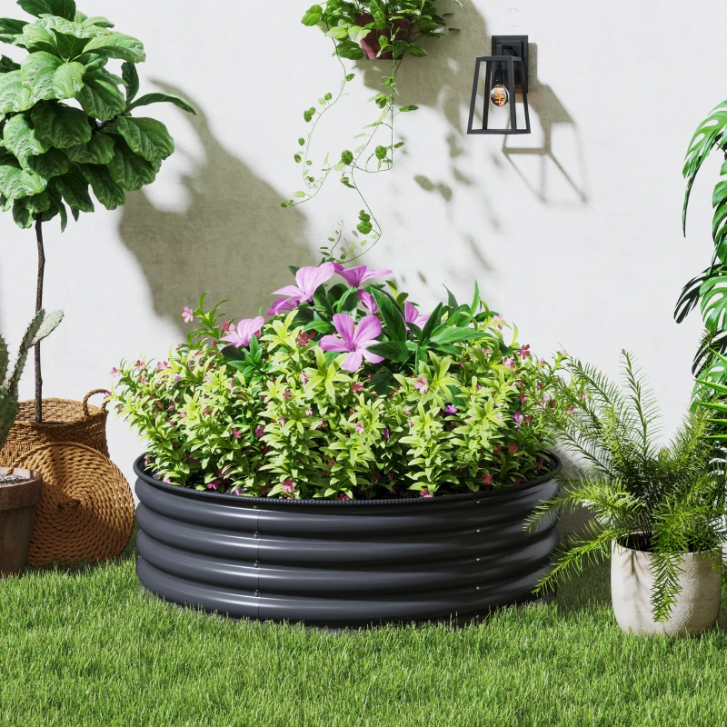 Outsunny Galvanized Raised Flower Bed, 4 x 4 x 1.5 ft Outdoor Metal Raised Bed with Safety Edging and Gloves, Dark Grey
